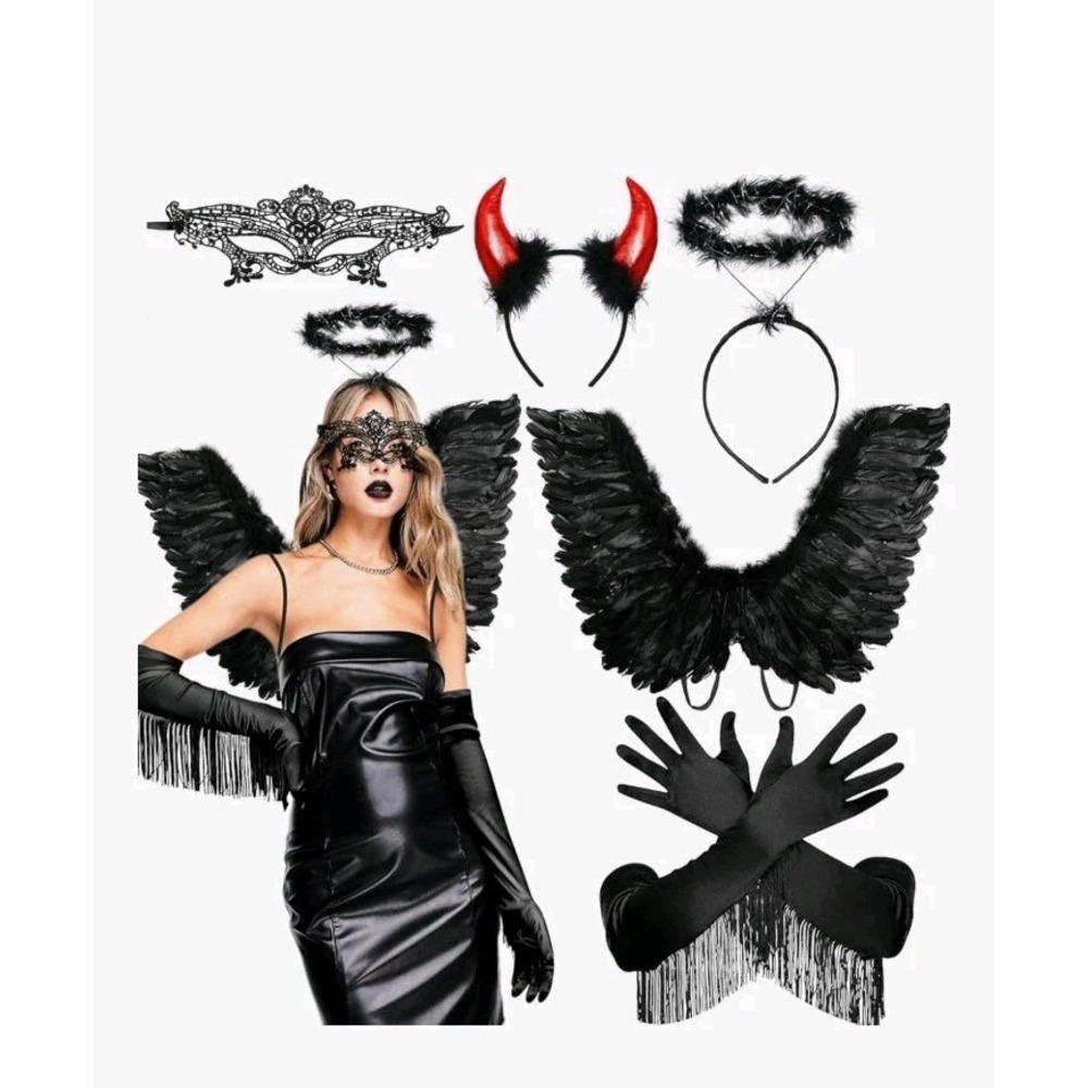 MOVINPE Black Angel and Dark Devil Halloween Costume Accessories Set, Wings,Horn